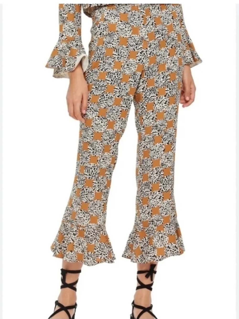 Topshop Leopard Spot Frill Trousers High Waist Crop Pants Ruffle Hem Boho